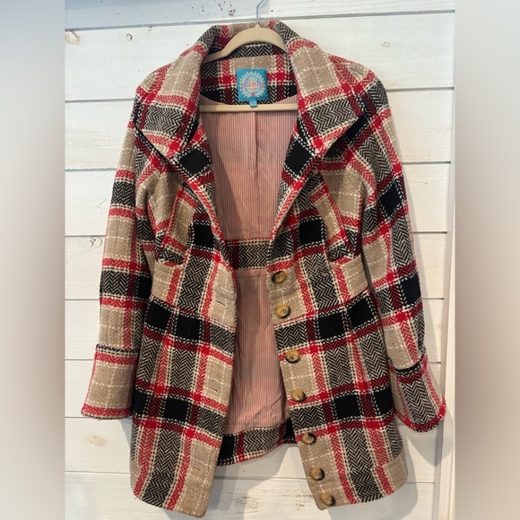 Anthropology Plenty by Tracy Reese Red and Black Wool Pea Coat - Picture 1 of 15